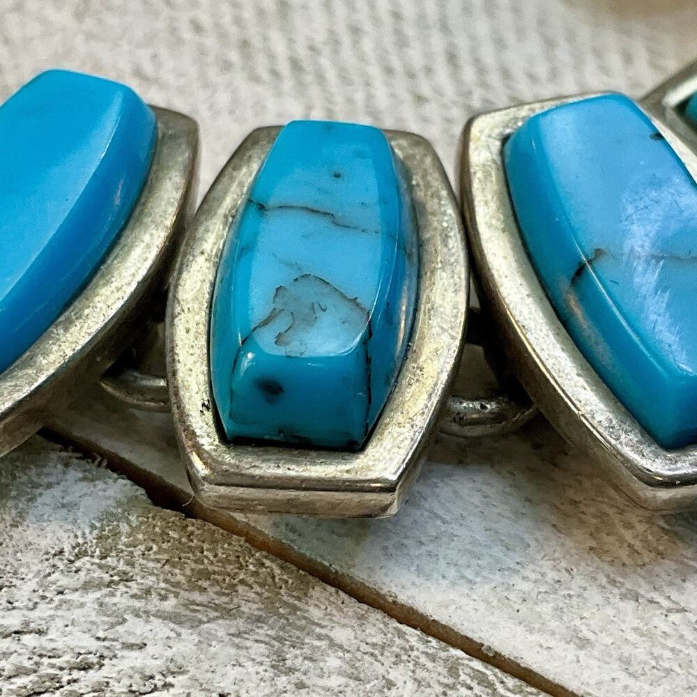 Taxco Mexico Sterling Silver 925 Vintage Turquoise Panel Link Bracelet 61.4g - Picture 5 of 12